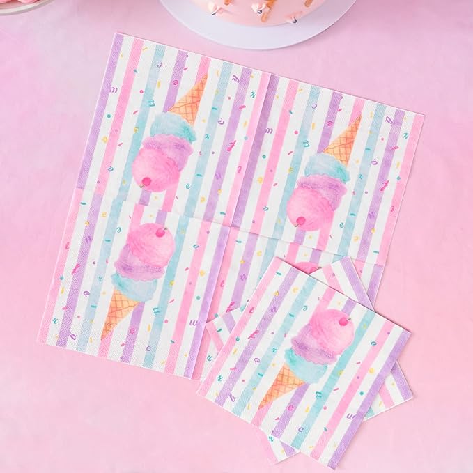 WERNNSAI Ice Cream Plates and Napkins - Ice Cream and Popsicle Theme Party Supplies for Girls Birthday Disposable Tableware Dessert Plates Luncheon Napkins Serves 16 Guests 48PCS