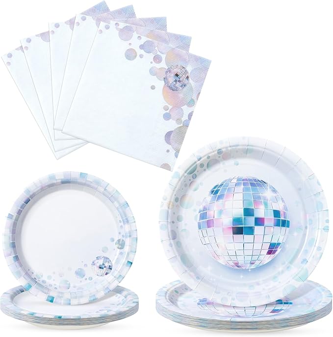 WERNNSAI Disco Party Decorations - 48PCS Disco Ball Plates and Napkins 70s Theme Birthday Supplies for Girls Boys Bachelorette Wedding Birthday Party Favor Serves 16 Guest
