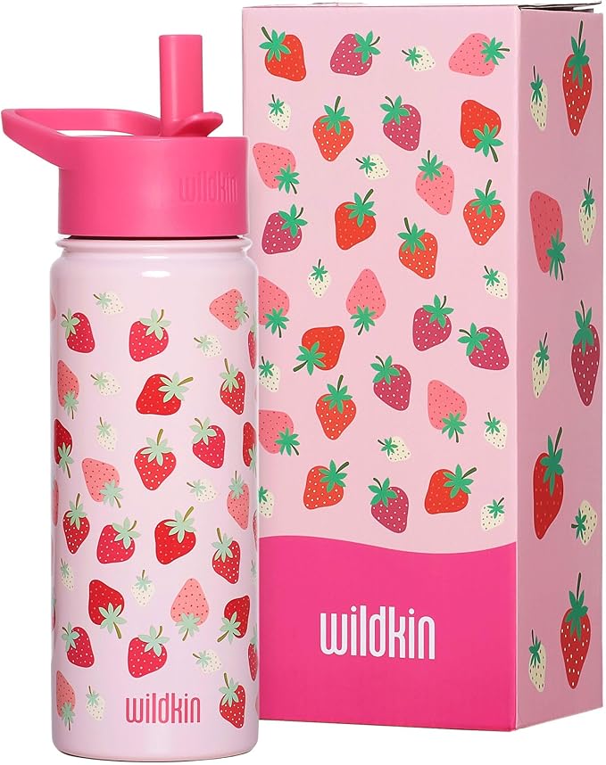 Wildkin Kids 18oz Stainless Steel Water Bottle – BPA-Free, Leakproof, Insulated, Easy-Clean - Strawberry Patch