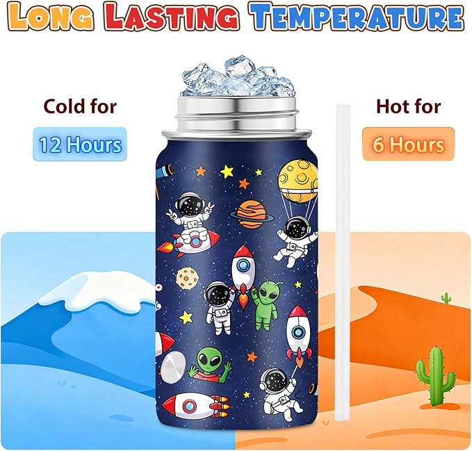 Space Astronomy Gifts for Kids - 12 Oz Kids Water Bottle with Straw Lid, Stainless Steel Insulated Tumbler, Leak Proof, BPA-Free, for Boys, School, Travel - Universe Children Birthday Gifts Cups(1pc)