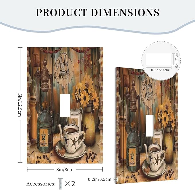 Decorative Switch Plate Covers Vintage Coffee Pot Star Farmhouse Wood Plank 1 Gang Wall Plate Single Toggle Light Switch Cover Plate Jumbo Electrical Switchplate Receptacle Faceplate