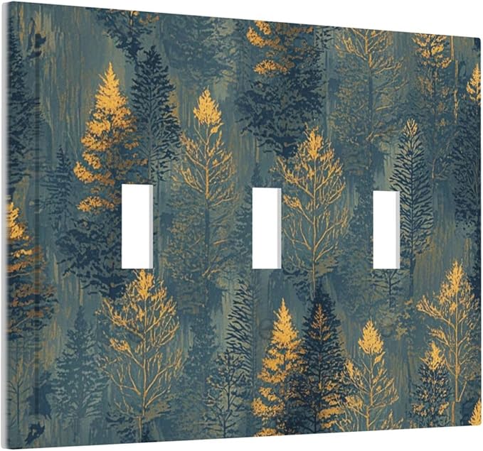Decorative Switch Plate Cover with Golden Trees & Abstract Gradient Forest Landscape Design 3 Gang Artistic Wall Plate Unique Triple Toggle Light Switch Covers for Blue Retro Home Decor
