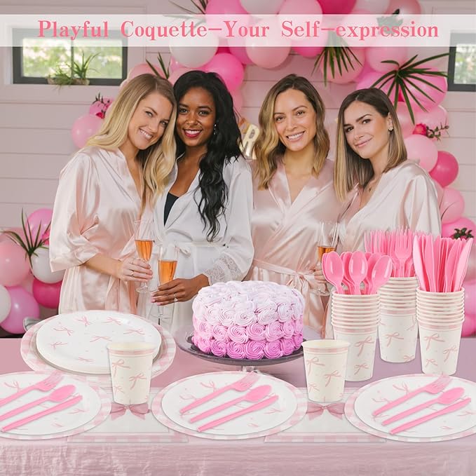 Coquette Birthday Decorations,210 Pcs Pink Bow Party Plates Napkins Cups Forks Spoons Knives Tableware Sets for Girls Birthday Party Decor,Serves 30