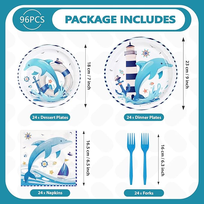 96Pcs Dolphin Party Supplies Funny Ocean Dolphin Nautical Plates and Napkins Disposable Cute Under the Sea Animal Tableware Set for Kids Nautical Baby Shower Birthday Party Decorations Serves 24