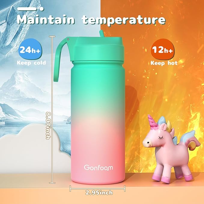 Kids Water Bottle, 16oz Water Bottles Kids with Straw and Stickers, Stainless Steel Vacuum Double Wall Insulated cup, Kids Water Bottle for School, Gifts for Girls(Green)