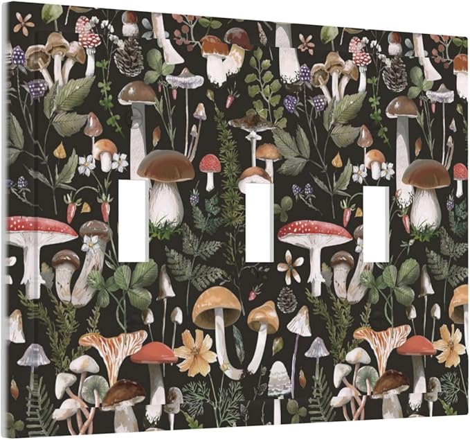 Black Boho Moth Botanic Mushroom 3 Gang Light Switch Plate Decorative Triple Toggle Wall Plate Cover Electrical Faceplate Switch Face Plate