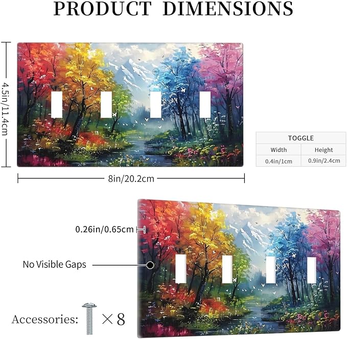 Colorful Forest Snow Mountain River Oil Painting Style Light Switch Covers Quad Toggle Electrical Faceplate 4 Gang Wall Plate Decorative Switch Plates Cover for Bedroom Living Room Decor