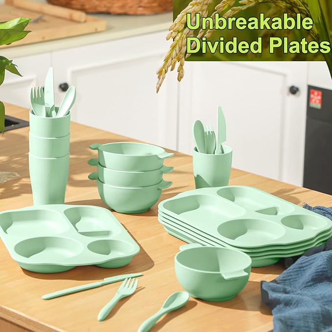 24 Pcs Wheat Straw Dinnerware Cutlery Set for Aldult Including Divided Plates Microwave Dishwasher Safe Bowl Unbreakable Tableware Straw Cutlery Spoon Knife Fork(Green)