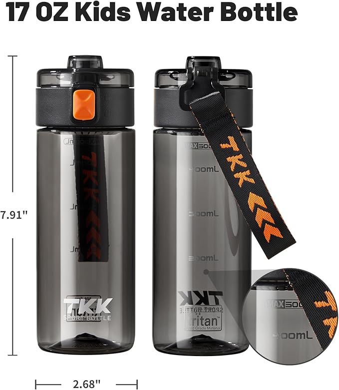 TKK Sports Water Bottle, 17oz Tritan Kid Jug with Leak Proof Lid & Handle Strap & Built-In Infuser - BPA-Free, Easy-Clean Design for Gym, Office & Outdoor Travel, Black