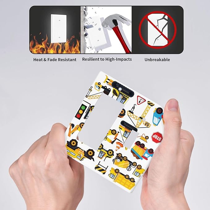 2-Gang 1-Toggle 1-Decorator/GFCI Device Combination Wall Plate Construction Trucks Cartoon Engineering Transportation Car Excavator Tractor Transport Combo Rocker Receptacle Switchplate Outlet Cover