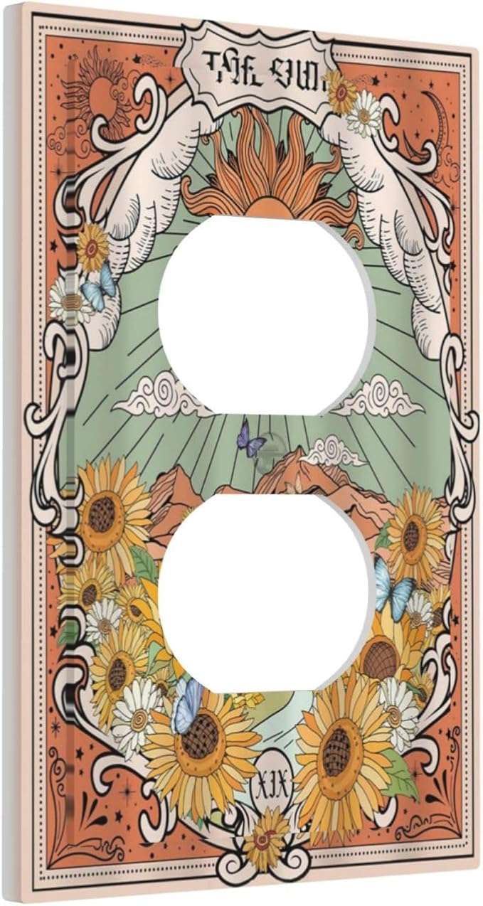 Boho Retro Sun Sunflower Vintage Flower Butterfly Outlet Covers 1 Gang Duplex Light Switch Cover Decorative Switch Plates Electrical Receptacle Faceplate Wall Plate for Farmhouse Home Decor