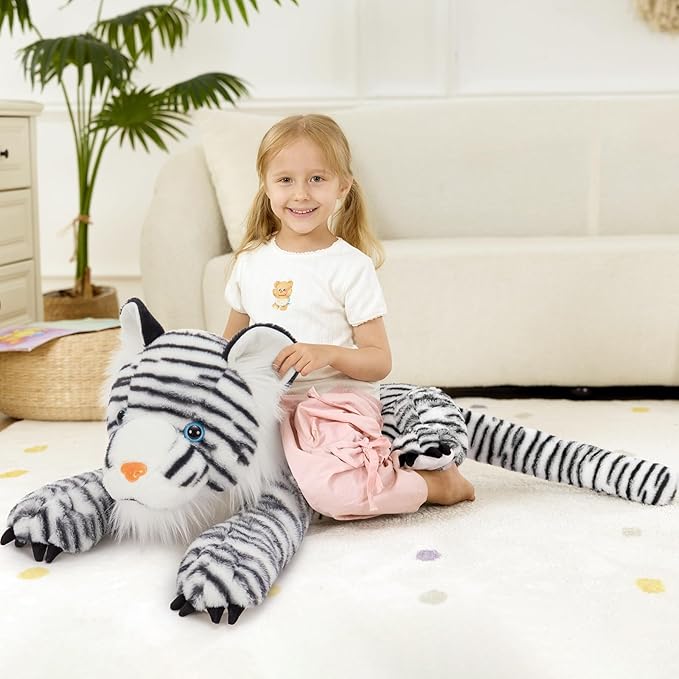 MaoGoLan Giant White Tiger Stuffed Animal - 47” Realistic Tiger Plush Toy for Boy Girl Kid, Soft Fluffy Zoo Animal Toy Pillow for Valentines Birthday Gift, Baby Shower Party Favor Decor