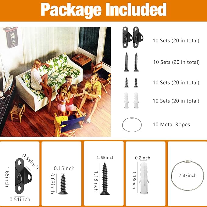 Ougourim Furniture Anchors (10 Packs) Anti Tip Furniture Anchors for Baby Proofing, Furniture Wall Anchor Earthquake Straps for Furniture Dresser Wall Safety Anchor Furniture Fasteners to Wall, Black