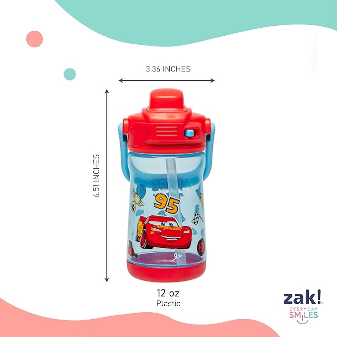Zak Designs Disney Pixar Cars Beacon Kid Water Bottle for Travel or At Home, 12oz Plastic is Durable and Leak-Proof with Liquid Lock Spout, Cover, Carry Handle, Protective Base (Lightning McQueen) | for Travel, At Home, Durable, Leak-Proof, Liquid Lock...