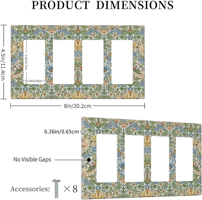 William Morris Strawberry Thrush Birds 4 Gang Light Switch Cover Vintage Floral Flowers Plant Quad Rocker Outlet Covers Switchplates Decorative Electrical Wall Plate for Country Home Decor