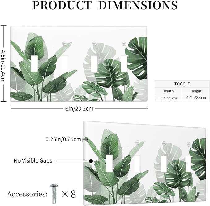Light Switch Covers Boho Tropical Plant Natural Palm Leaf Quad Toggle Electrical Faceplate 4 Gang Wall Plate Decorative Switch Plates For Bed Room Living Room Decor