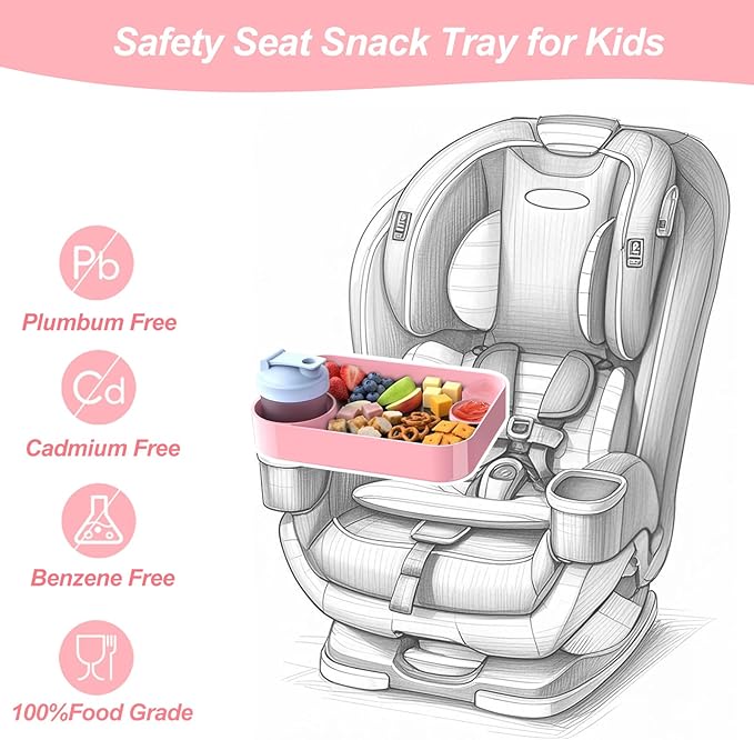 Car Seat Snack Tray for Kids, Mess-Free Square Travel Tray Cup Holder Snack Tray, Durable Car Food Tray for Toddlers, Universal Fit Kids Travel Road Trip Essentials (Pink)