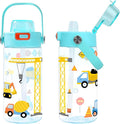 Queenshin Kids Excavator Construction Water Bottle 20oz BPA Free Tritan Boys School Outdoor Sports Leak Proof Water Cup with Straw Lid Handle Pop-Up Spout Cover