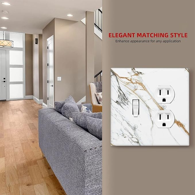 White Gold Marble Modern Abstract Luxury Print Wallplates 1 Toggle 1 Duplex Switch Plate Electrical GFCI Faceplate Decorative Light Switch Covers for Bathroom Kitchen Decor