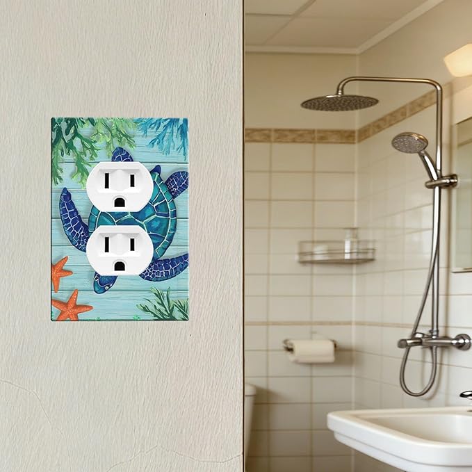 Coastal Sea Turtle Duplex Wall Plate - 1-Gang Standard US Size Mosaic Starfish Outlet Covers, Nautical Ocean Theme for Coastal Homes