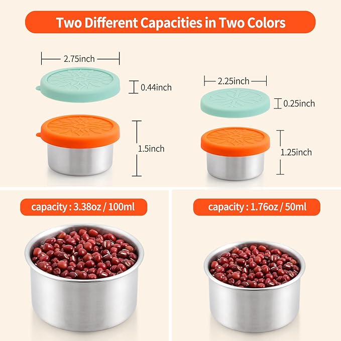 SUKKI Stainless Steel Condiment Containers - 4 PCS Salad Dressing Containers with Food Grade and Leakproof Silicone Lids - 2x3.4oz +2x1.8oz for Snacks, Desserts, Souffle, Baby Food