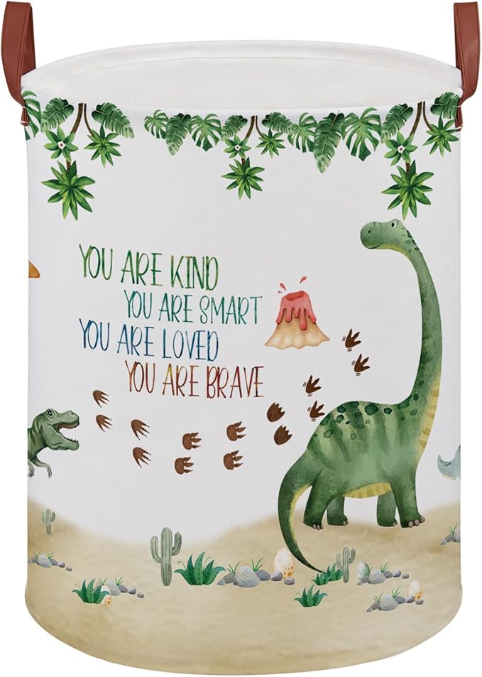 Dinosaur Nursery Decor Kids Laundry Basket Large Kid Storage Chest Trunk Woodland Stone Volcano Book Shelf Basket Collapsible Clothes Toy Bin for Baby Rectangle Hamper,45L(Green Dinosaur)