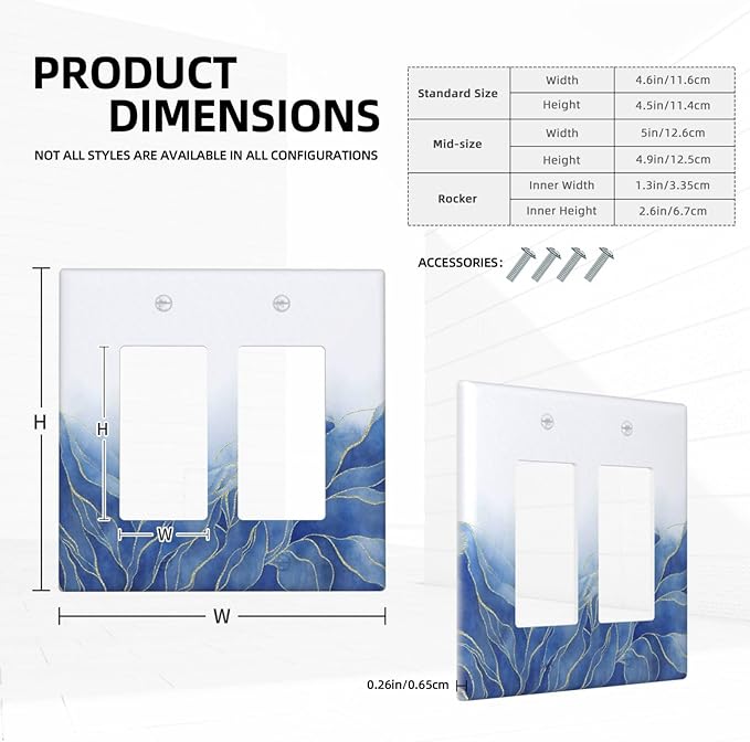 Decorative Outlet Covers Blue Gold Leaf Marble Modern Abstract 2 Gang Double Rocker Light Switch Cover Decorative Switch plates Electrical Wallplates GFCI Receptacle for Kitchen Bathroom Decor