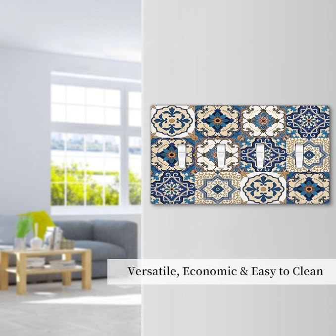 Light Switch Covers Mandala Decorative Tile Talavera Moroccan Tiles Quad Toggle 4 Gang Wall Plate Electrical Faceplate Decorative Switch Plates for Bedroom living Room Decor