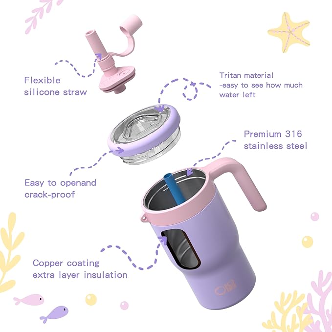 OISIZ 14oz Kids Tumbler with Straw Lid & Handle,Kids Cup with Animal Accessory for School,Kids Water Bottles with Dust-proof Cover,Leakproof Water Bottles,316 Stainless Steel,Keep Cold 24 Hours-purple