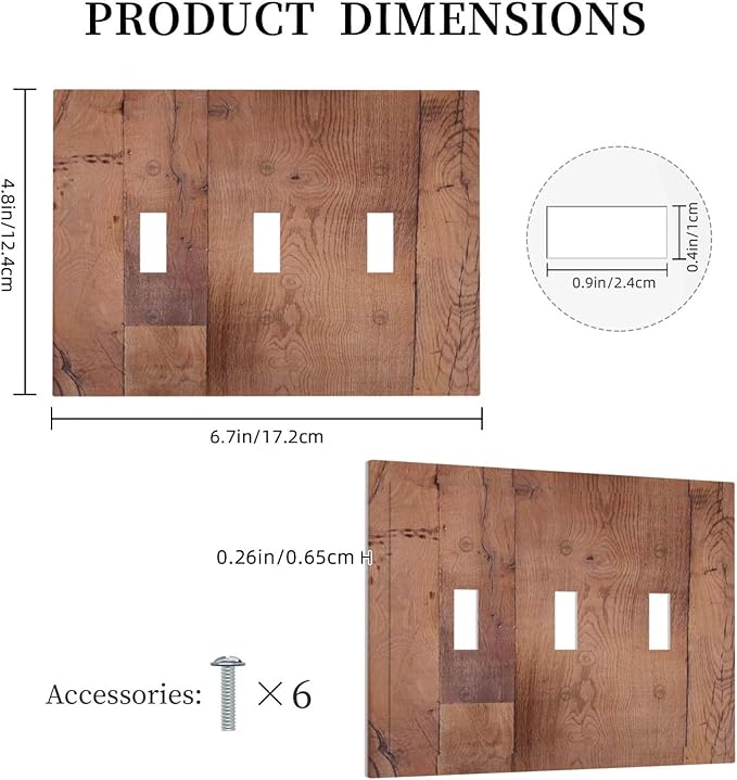 Rustic Brown Dark Wood Texture Printing Decorative Switch Plates 3 Gang Wall Plate Triple Toggle Light Switch Cover Faceplate Electrical Wall Panels For Farmhouse Cabin Decor
