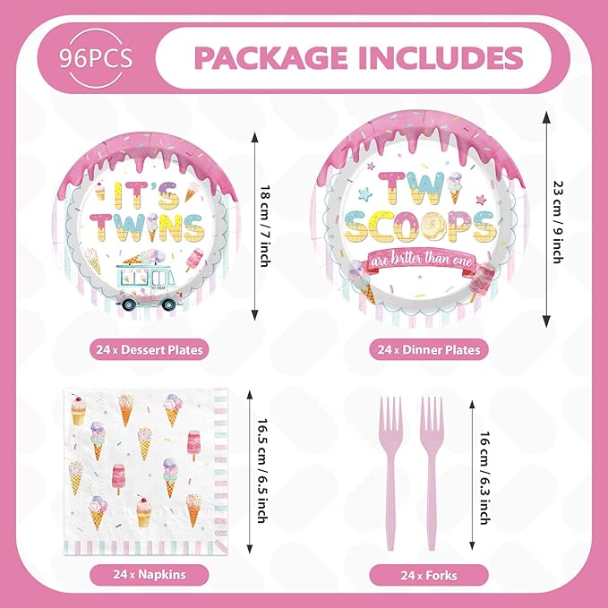 96Pcs Twins Baby Shower Decorations Ice Cream Twin Birthday Plates and Napkins Two Scoops are Better Than One Tableware Set for Twins Girls Boys Baby Shower Party Supplies Serves 24