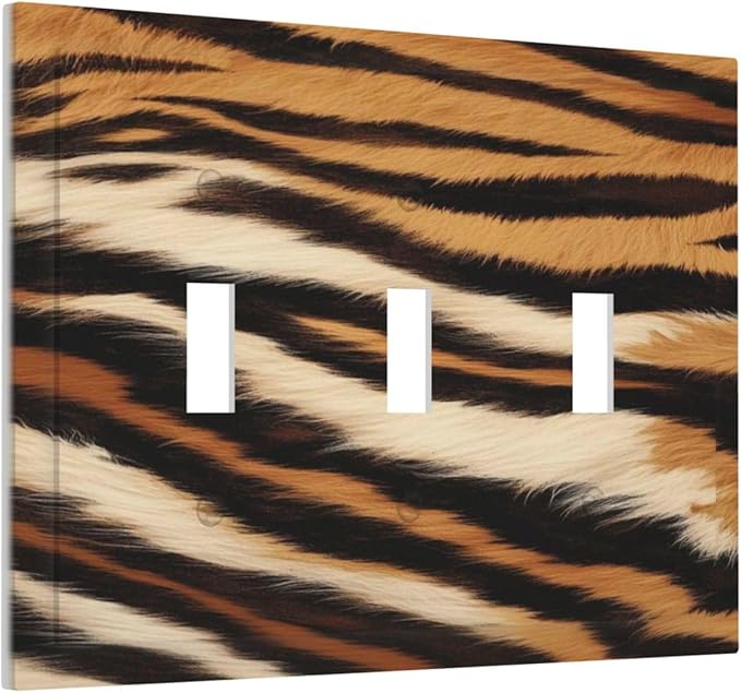 Tiger Texture Wild Animal Skin Pattern Print Decorative Switch Plates 3 Gang Wall Plate Triple Toggle Light Switch Cover Faceplate Electrical Wall Panels for Kids Room Office Decor