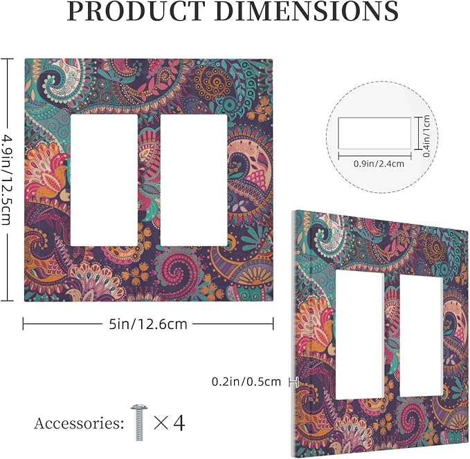 Mandala Boho Paisley Purple Floral Colorful Flower Decorative Outlet Covers 2 Gang Double GFCI Rocker Electrical Wall Panels Light Switch Cover Plate for Home Bedroom Decor