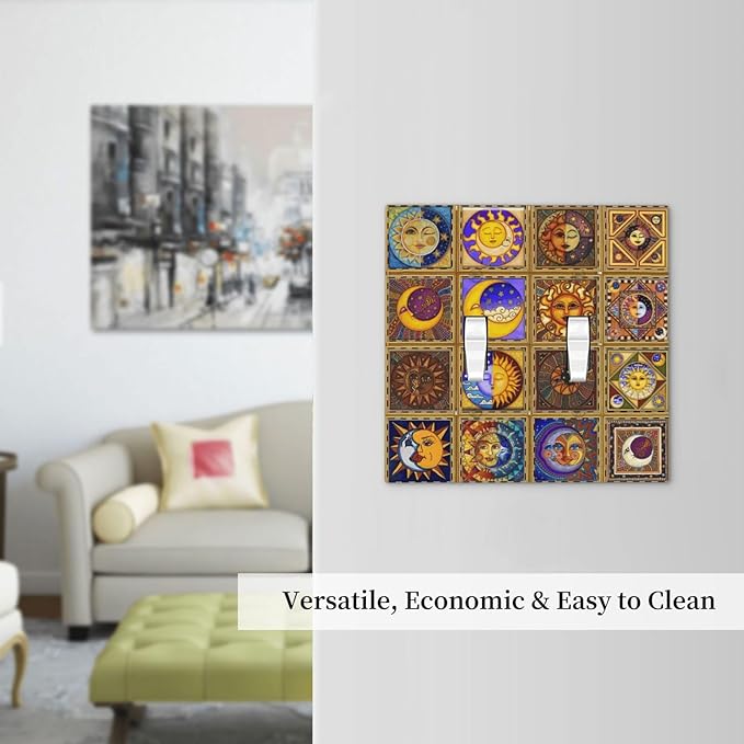 Mexican Talavera Tiles Star Pattern Celestials Theme Print Decorative Switch Plates 2 Gang Double Toggle Outlet Light Switch Cover Wall Plate Electrical Faceplate for Kitchen Home Decor
