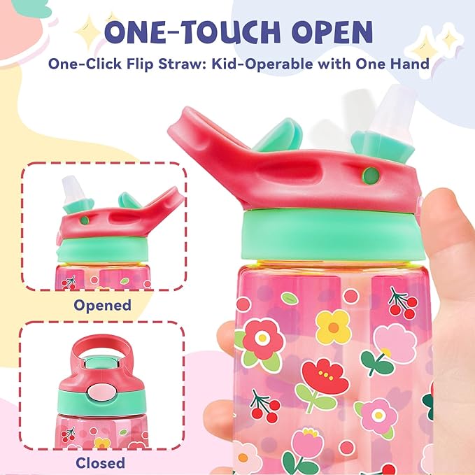 14oz Florals Kids Water Bottle with Straw Lid - Colorful Flowers Water Bottles for Kids, Leakproof, Lightweight, Durable Plastic Bottles for School, Pop-Up Straw Cover, Gift Cup for Girls(Flower)
