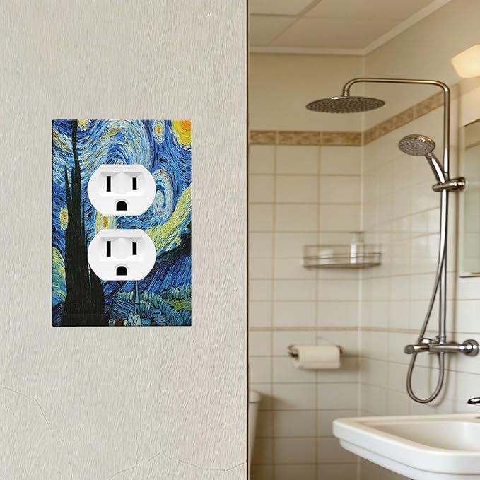Van Gogh The Starry Night Duplex Wall Plate - 1-Gang Standard US Size Post-Impressionist Masterpiece Outlet Covers, Swirling Night Sky for Living Room Decor