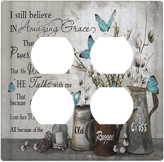 Decorative Outlet Covers Blue Butterfly Rustic Flower Inspirational Quotes 2 Gang Double Duplex Light Switch Cover Wall Plates Electrical Socket Cover Art Faceplate for Bathroom Bedroom Decor