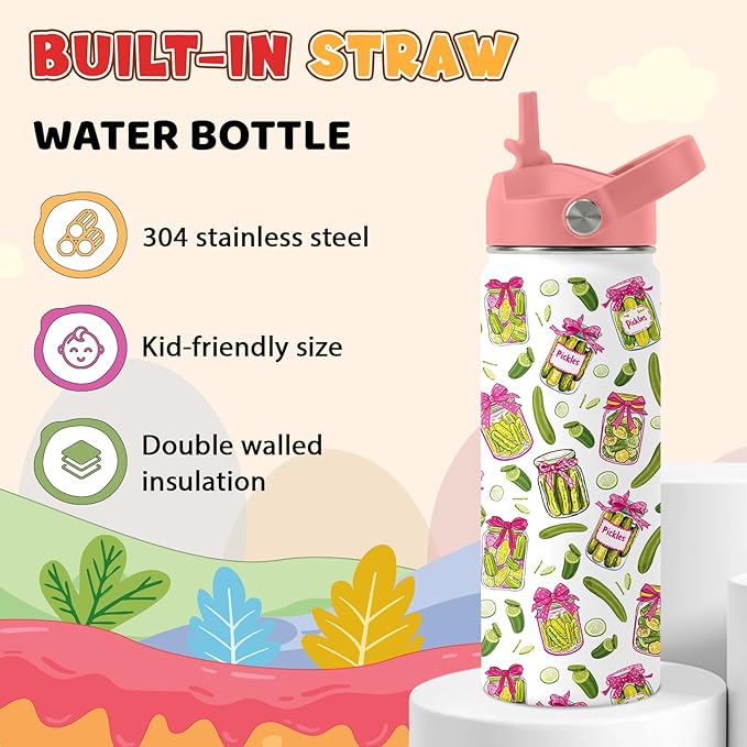 Pickle Gifts for Women - 18 oz Water Bottle with Straw Lid, Stainless Steel Insulated Bottle, Leak Proof, BPA - Free, Cute Pickle Jar Sport Bottles for Travel, Gift Cup for Girl(1pc)