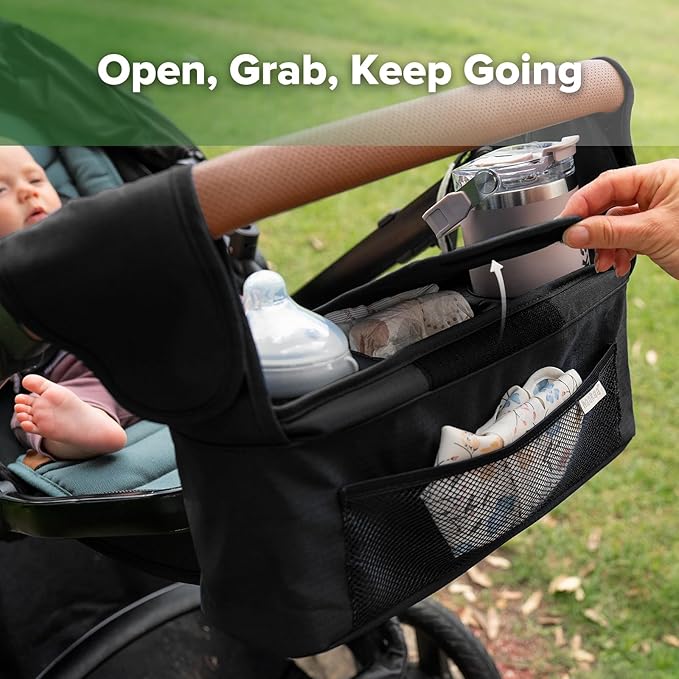haakaa Stroll & Go Organiser - 2 Cup Holders - Black, Ultimate Stroller Organizer Universal Fit with Adjustable Non-Slip Straps & Hooks, Stroller Caddy Accessories with Shoulder Strap