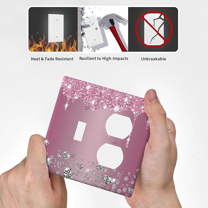 Decorative Outlet Covers Sparkling Diamonds Pink Silver Glitter Drops 2 Gang Wall Plate Cover Single Toggle Duplex Combo Two Switch Light Switch Cover Plate Jumbo Dual GFCI Face Plate