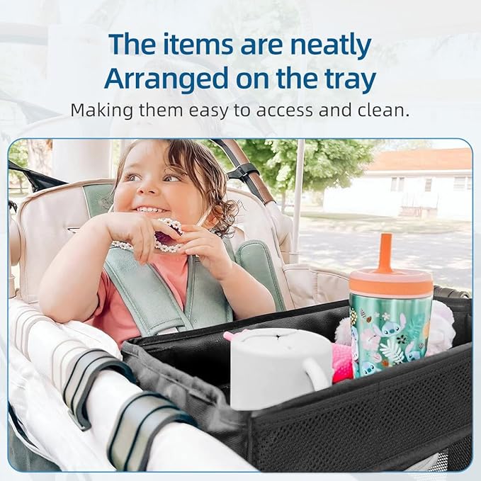Stroller Snack Tray Compatible with Wonderfold Wagon - Upgraded with Extra Thick Base, Waterproof Faux Leather Sides & Side Mesh Pockets for Added Durability (W4 Series Thickened)