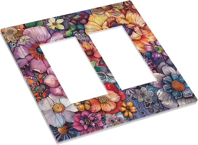 Decorative Outlet Covers Colorful Bohemian Flowers Vintage Boho Floral 2 Gang Double GFCI Rocker Electrical Wall Panels Light Switch Cover Plate for Bed Room living Room Decor
