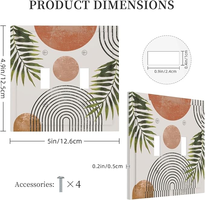 Beautiful Boho Mid Century Large Archs Sun Leaves Plants Decorative Switch Plates 2 Gang Double Toggle Outlet Light Switch Cover Wall Plate Electrical Faceplate for Bedroom Living Room Decor