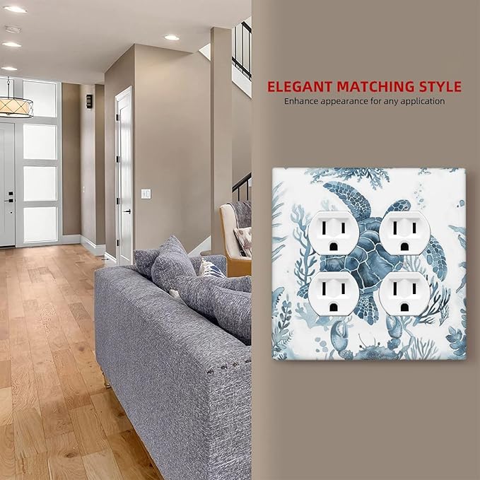 Blue Sea Turtle Coastal Coral Beach Crab Seaweed Outlet Covers 2 Gang Double Duplex Decorative Light Switch Covers Electrical Wallplates Socket Faceplate for Kids Room Bathroom Decor