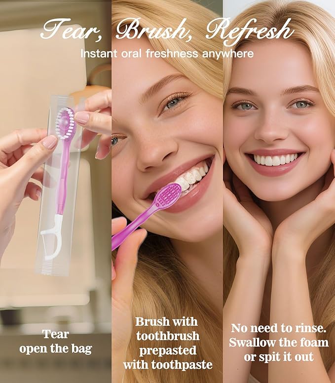 12 Pack 5 in 1 Disposable Mini Toothbrushes with Toothpaste, Floss, Pick & Tongue Scraper, Individually Wrapped, Portable Toothbrush Travel Set for Kids Adults, Sakura Flavor