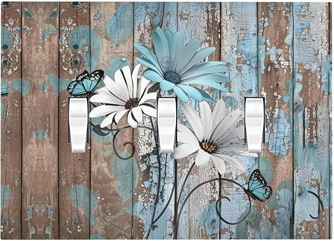 Decorative Switch Plates Rustic Flower Teal Turquoise Daisy Butterfly 3 Gang Wall Plate Triple Toggle Light Switch Cover Faceplate Electrical Wall Panels For Farmhouse Cabin Decor