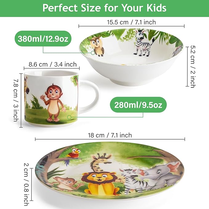 MIAMIO Kids' Jungle Dinnerware Set - 3 Pieces, Ceramic, Includes Plate, Bowl, and Cup