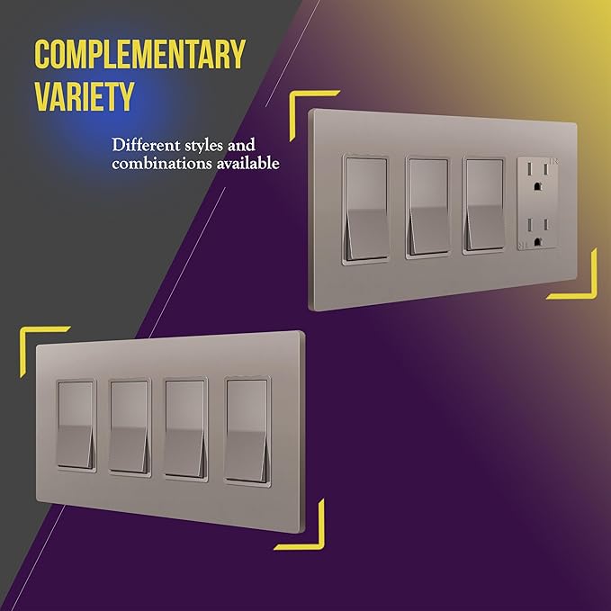 ENERLITES Elite Series Screwless Decorator Wall Plate Child Safe Outlet Cover, Gloss Finish, Size 4-Gang 4.68" H x 8.30" L, Unbreakable Polycarbonate Thermoplastic, SI8834-NK, Nickel