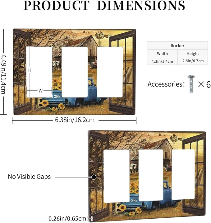 Fall Western Farmhouse Cow 3 Gang Rocker Light Switch Plate Barn door Blue Truck Triple Decora Outlet Wall Cover Faceplate Decorative Wallplate for Bathroom Home Living Room Bedroom Decorate