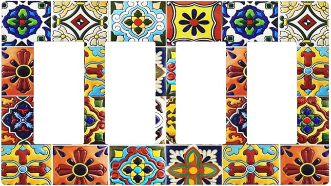 Boho Mexican Moroccan Tile 4 Gang Quad Rocker/GFCI/Decorator Light Switch Cover Plate Decorative Electric Faceplate Decorative Switchplate Screwless